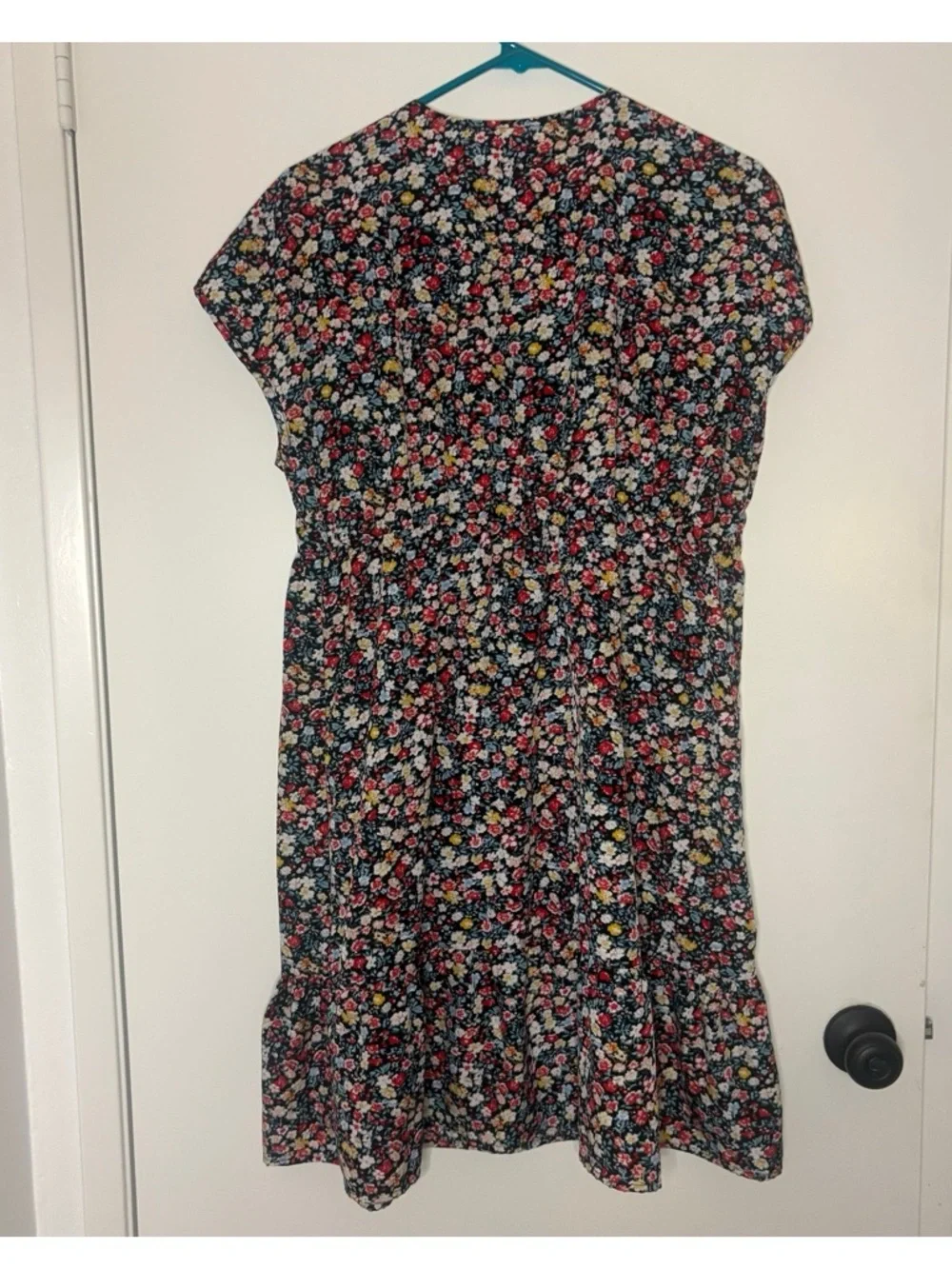 Women’s Floral V-Neck Summer Dress - Navy with Red & Yellow Flowers - Picture 2 of 3